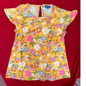 ModCloth Floral Print Top Short Sleeve Blouse‎ Keyhole Back Yellow M